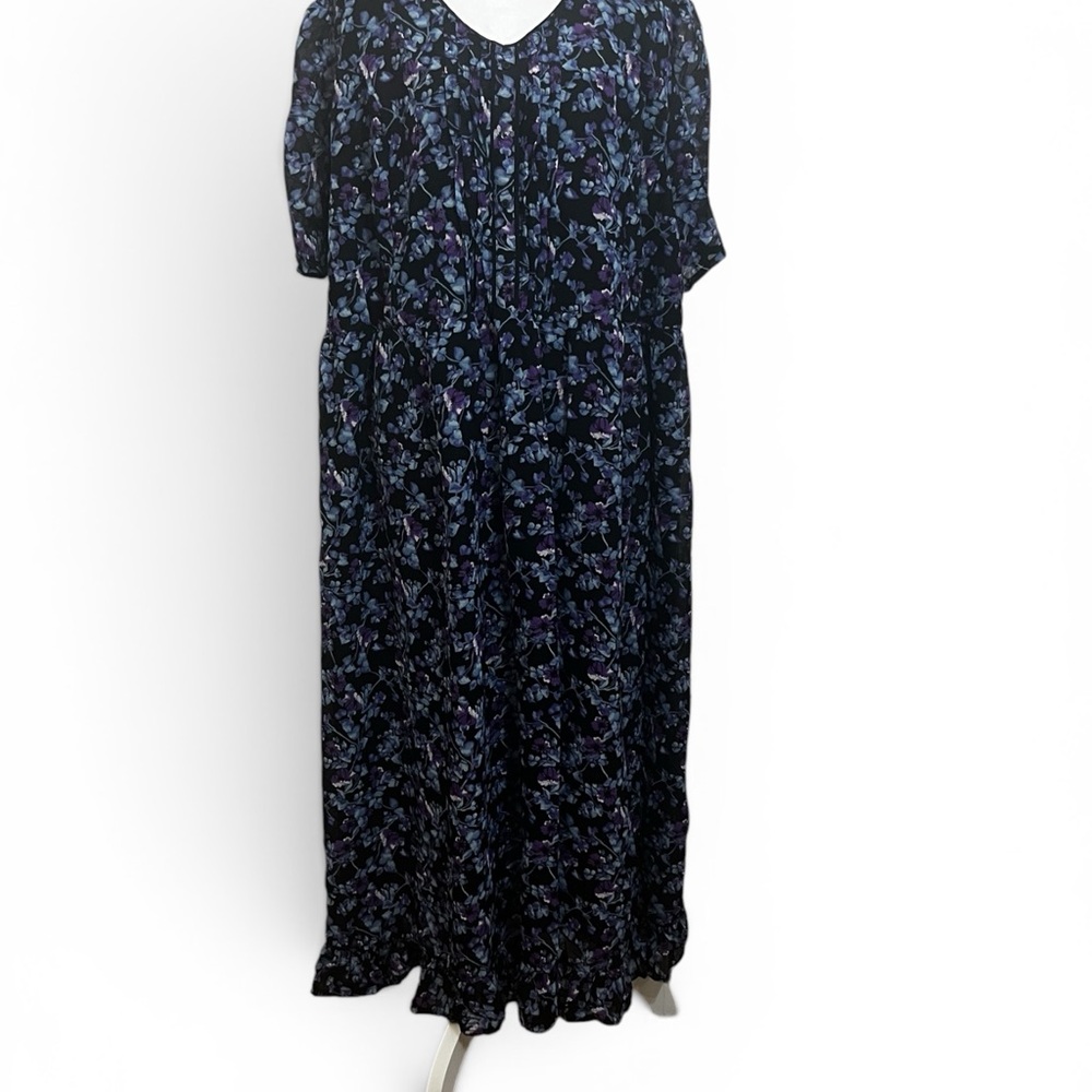 Woman Within Black Maxi Dress with Purple & Blue Floral Print